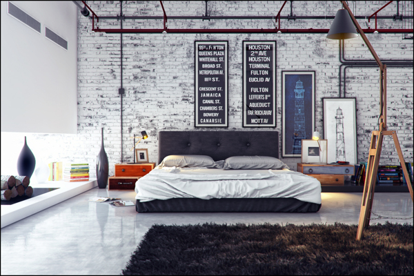 black and white industrial bedroom