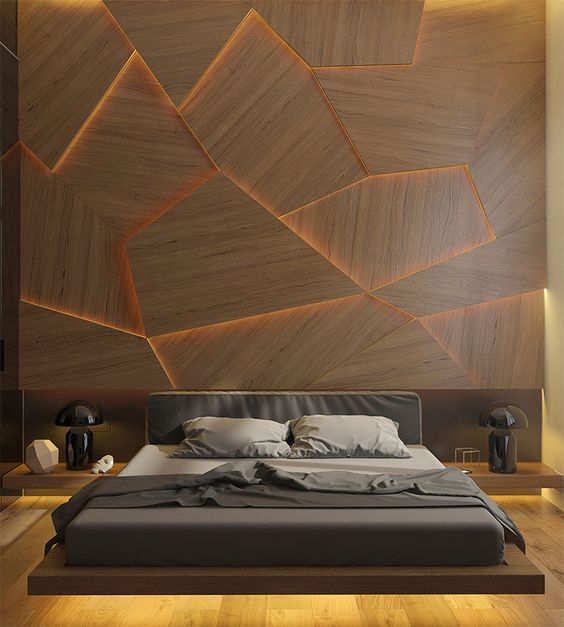 Geometric Back-Lit Wood Accent Wall