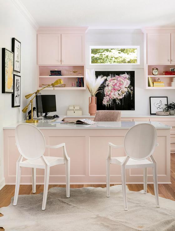pink workspace next to the kitchen
