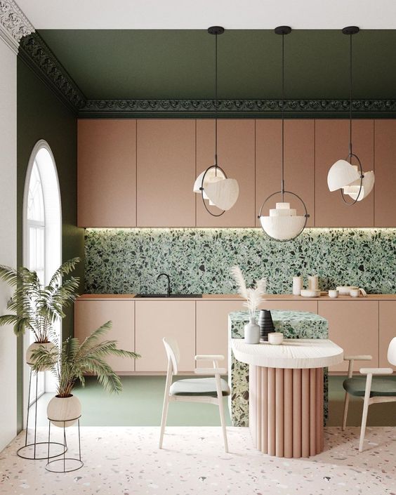 green and pink kitchen